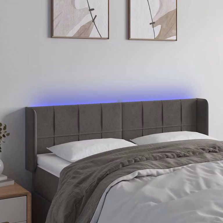 Testiera per letto vidaXL in velluto grigio con illuminazione LED e porta USB, L: 147 cm, P: 16 cm, H: 78-88 cm