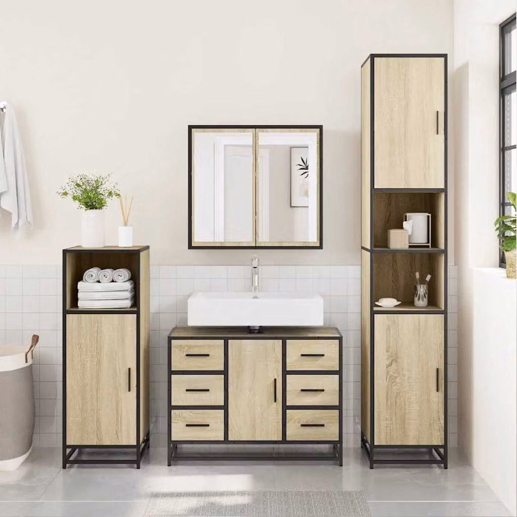Lavabo da bagno sospeso vidaXL in rovere sonoma e metallo con ante e cassetti, L 60 x P 30 x H 60 cm