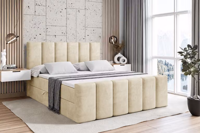 Letto boxspring ALTDECOR con pediera, materasso H4 e topper - 160x200 cm - BOXI1-Z - Velluto beige - Letto imbottito con contenitore e rete a doghe, letto con spazio contenitivo