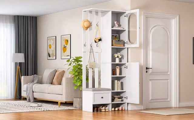 Set da ingresso con 2 armadietti in vetro temperato; panca imbottita e appendiabiti; truciolato; bianco; 85x33;5x200 cm