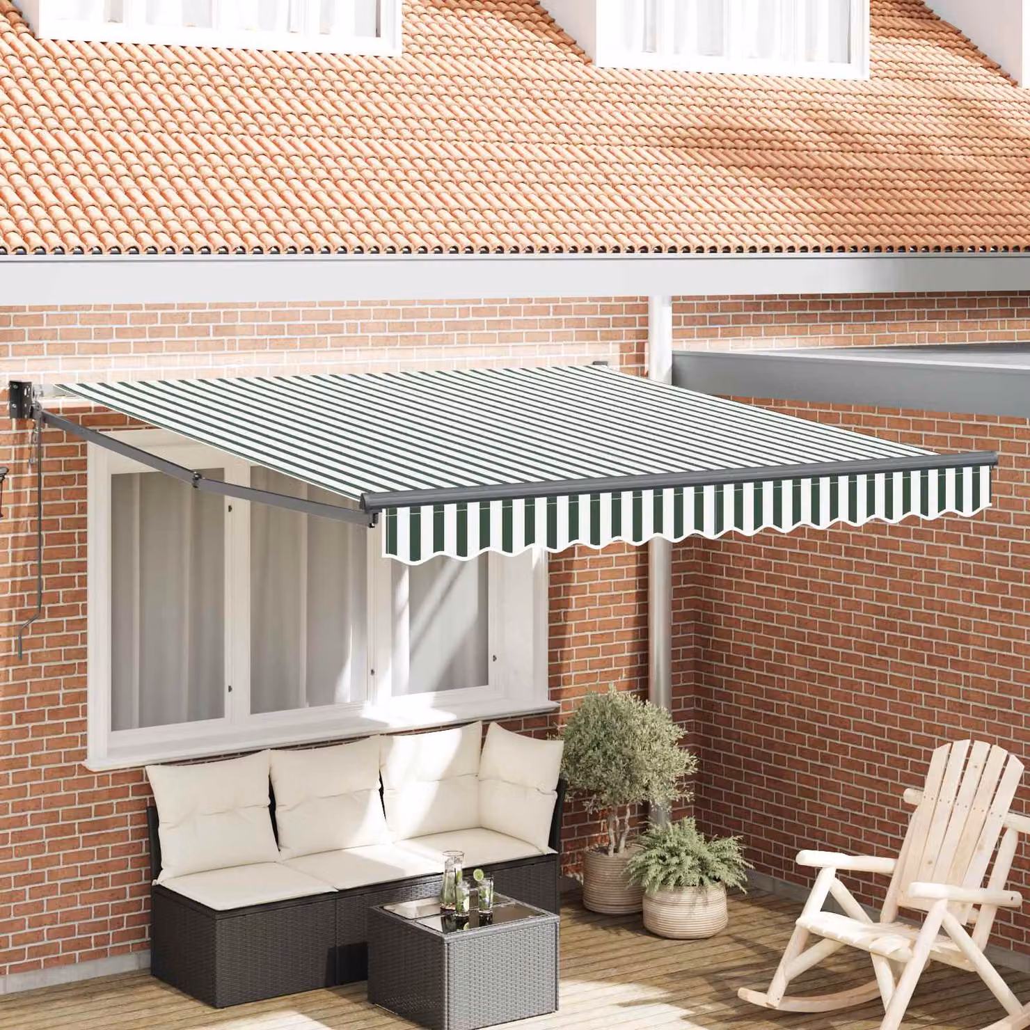 vidaXL Tenda retrattile con bracci pieghevoli in alluminio, Verde e Bianco, L: 300 cm, P: 250 cm, H: 165 cm