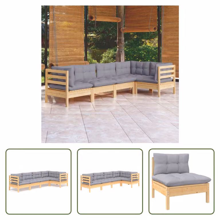 The Living Store Set da giardino 5 pezzi con cuscini grigi in legno di pino