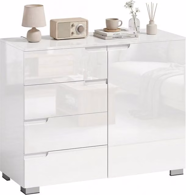 Credenza Madia con 4 Cassetti e 1 Anta Ripiano Regolabile Mobile Contenitore Moderno Lucido per Soggiorno e Camera da Letto 100 x 40 x 80 cm