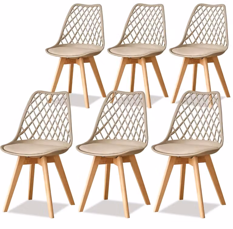 Set di 6 sedie da pranzo in stile nordico - Set di sedie - Seduta in plastica - Design moderno minimalista - Gambe in legno - Adatte per sala da pranzo e cucina - Colore beige