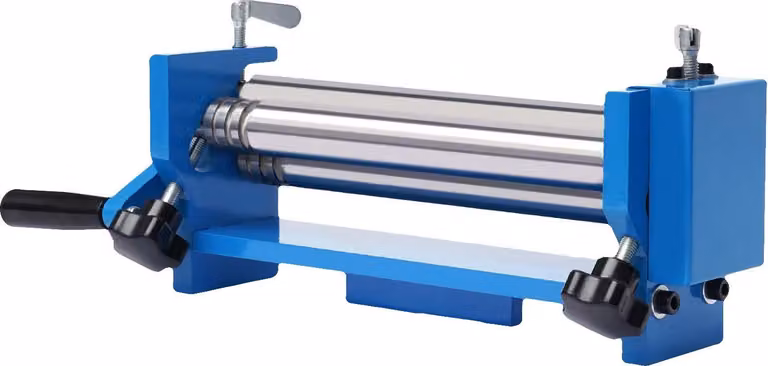 Macchina per la laminazione di lamiere - Piegatrice manuale - Acciaio 45 - Diametro minimo dei rulli: 32 mm - Adatta per fili fino a 5 mm - Colore: blu