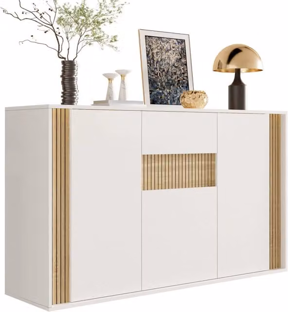 Madia moderna Chicfurn con 3 ante e 1 cassetto con illuminazione LED regolabile per soggiorno e sala da pranzo, finitura opaca bianca e beige, L: 140 cm, P: 40 cm, H: 82 cm
