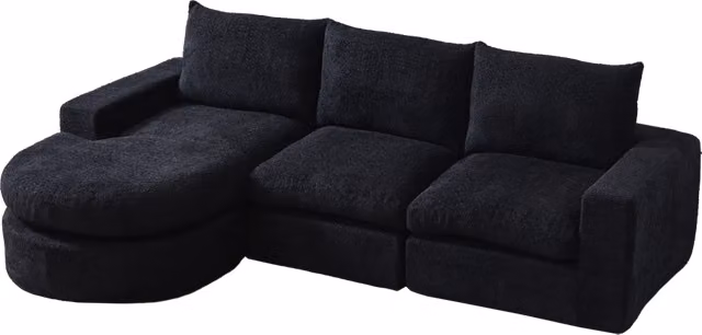 Divano modulare in chenille con chaise longue reversibile e cuscini imbottiti, struttura senza telaio, schiuma ad alta densità, modello W3349S00003
