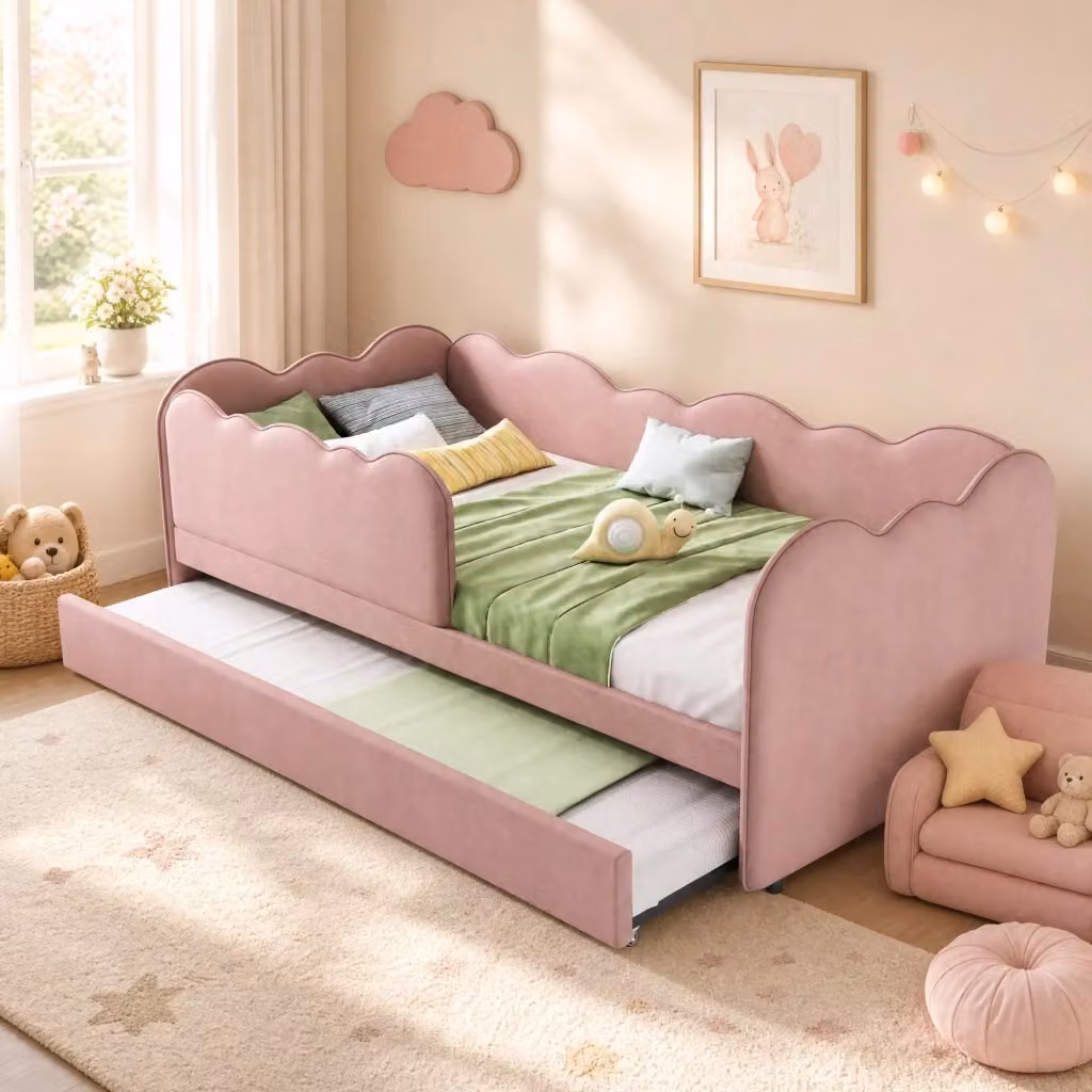 Letto a giorno moderno per bambini con letto estraibile in velluto rosa e struttura in metallo, 90 x 190 cm – 2