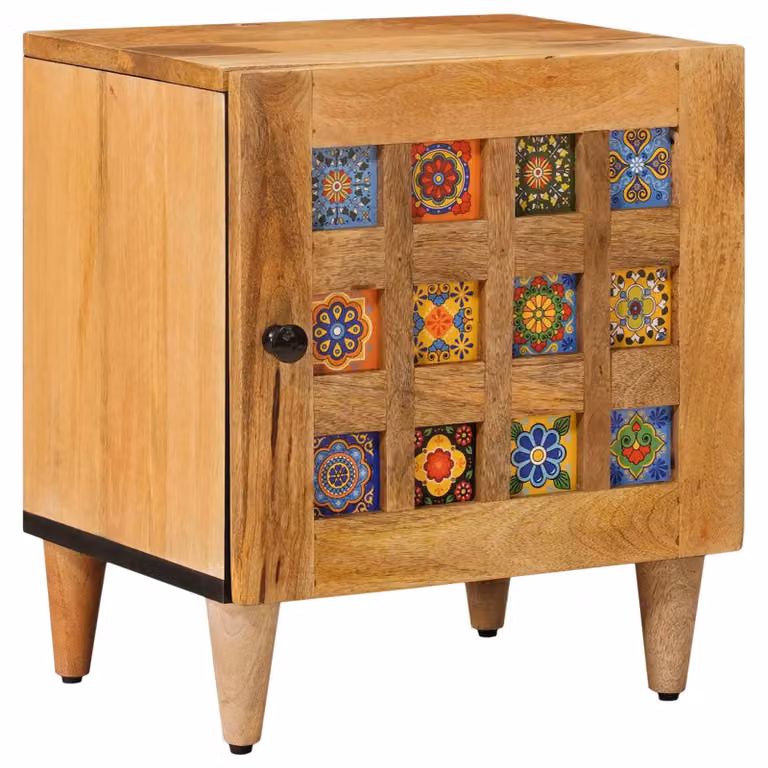 Armadio da notte vidaXL in legno di mango multicolore con design geometrico ed etnico L/P/H: 40 x 33,5 x 46 cm