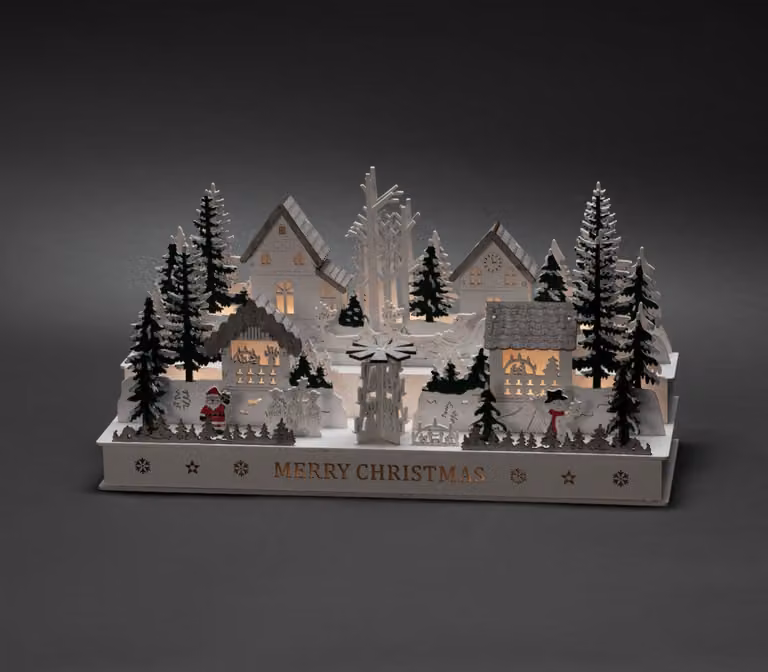 Konstsmide sagoma in legno a LED "Village", timer 6H, 12 diodi bianco caldo, trasformatore interno 3V/batteria, cavo trasparente, batteria: 2 x AA 1,5V (escl.) - 3265-210