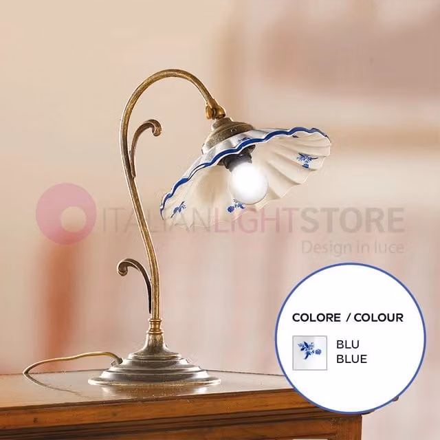 Lampada da Tavolo Altopascio di Ceramiche Borso in Ceramica e Ottone Blu con Base Rotonda