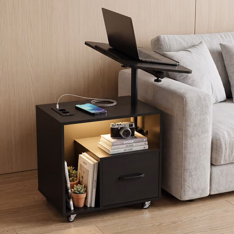 Comodino da camera da letto Costway con luci LED regolabili, cassetto, stazione di ricarica e piano girevole ribaltabile, Nero