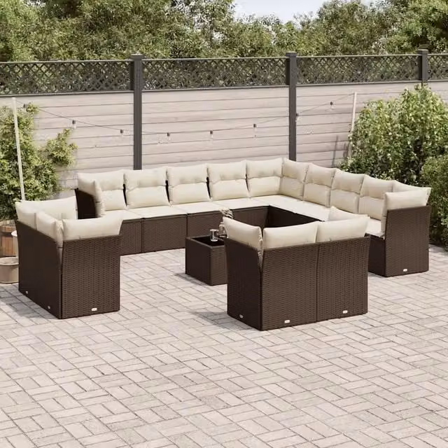 Set di Divani da Giardino VIDAXL a Forma di U in Polyrattan Marrone con 14 Pezzi e Cuscini Inclusi – 1