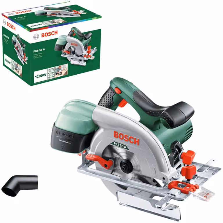 Seghetto circolare Bosch PKS 55 A (per tagli precisi nel legno; 1200 Watt, profondità di taglio massima 5)
