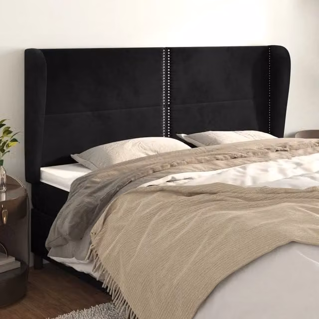 Testiera ad orecchio vidaXL in velluto nero con struttura in legno, L: 203 cm, P: 23 cm, H: 118-128 cm – 1