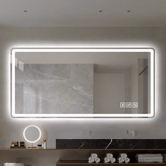 Specchio LED da bagno 100x60 cm in vetro e metallo argentato, antiappannamento –