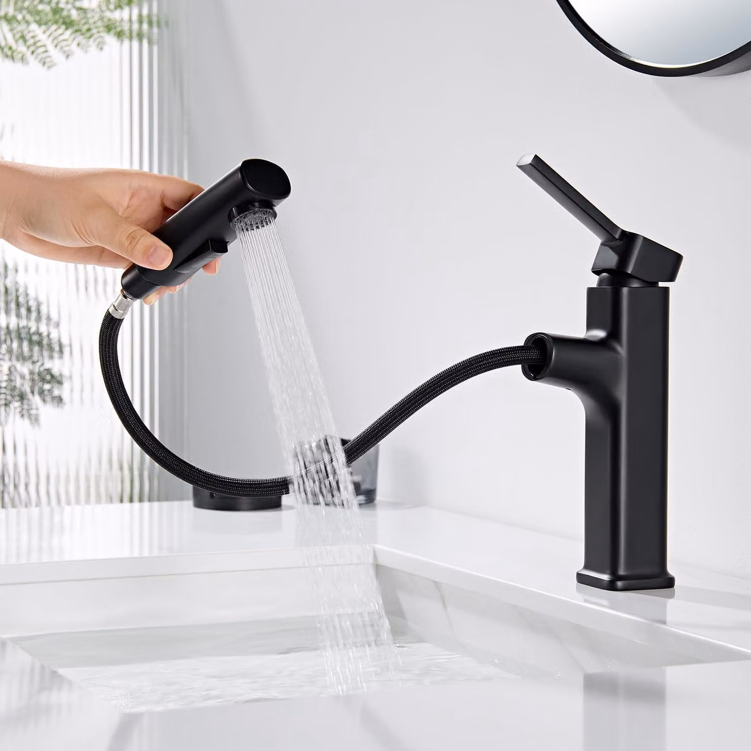 Miscelatore per lavabo nero con doccetta estraibile, 2 getti