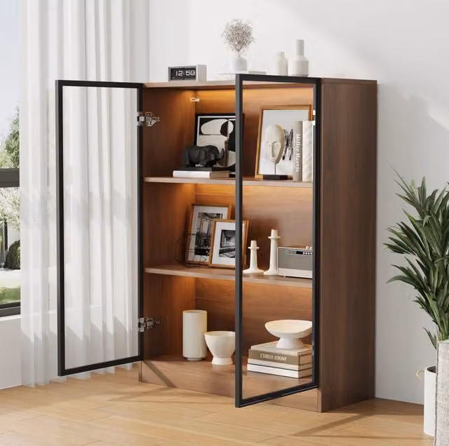Vetrina in vetro con illuminazione LED, Natural, 80x30x106 cm, 3 ripiani, con telaio in alluminio