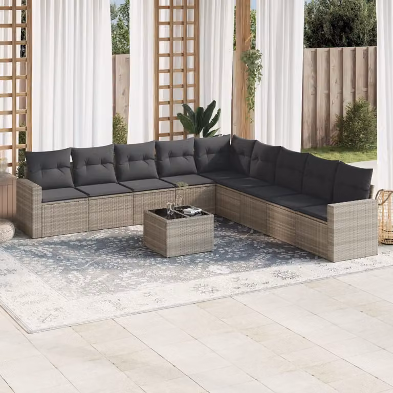 vidaXL Set Divano da Giardino a L in Polyrattan Grigio con Cuscini e Tavolino