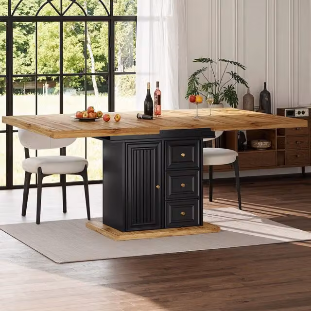 Tavolo allungabile da pranzo con vano; anta e due cassetti in MDF e metallo color legno naturale