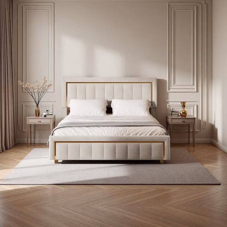 Letto ProximaX 160×200 cm in beige - Rivestimento in velluto con bordi verticali dorati, contenitore sotto il letto - Letto moderno per la camera da letto