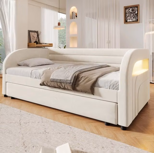 Letto piattaforma imbottito 90x200 cm con letto estraibile e illuminazione LED beige