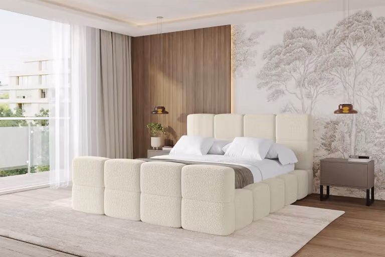 Letto imbottito ALTDECOR con contenitore - NATA-Z 160x200 beige, letto con testiera, letto contenitore con materasso H3/H4, letto matrimoniale con contenitore