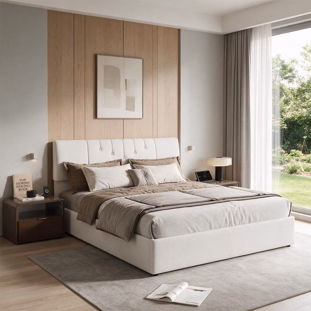 INONEFT Letto imbottito idraulico 140x190 cm con prese USB, letto per giovani con poggiatesta regolabile, struttura del letto con rete a doghe, tessuto tipo "teddy", colore bianco