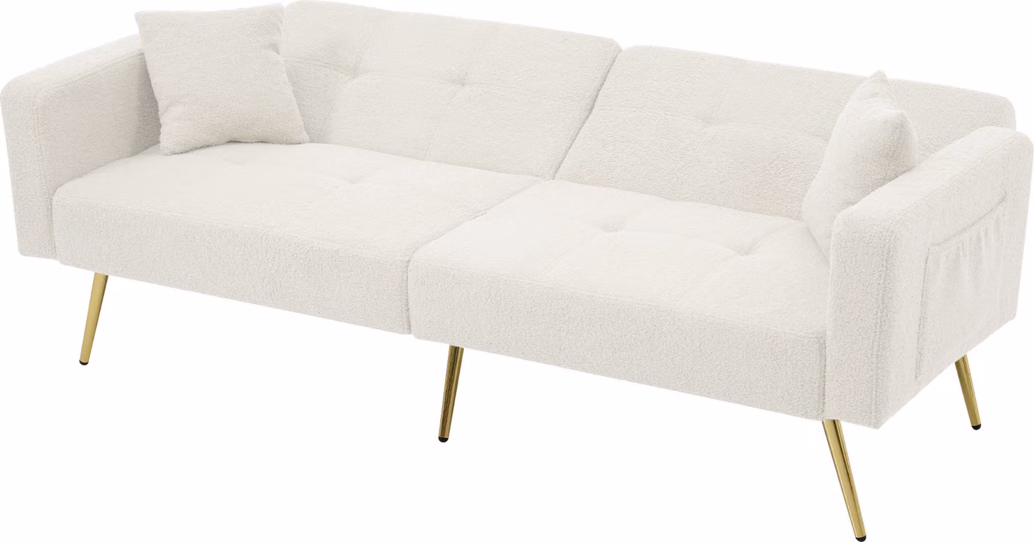 Divano letto angolare STILVORA con funzione letto e angolo relax regolabile, dotato di cuscini e tasche laterali per riporre oggetti, gambe dorate, colore bianco