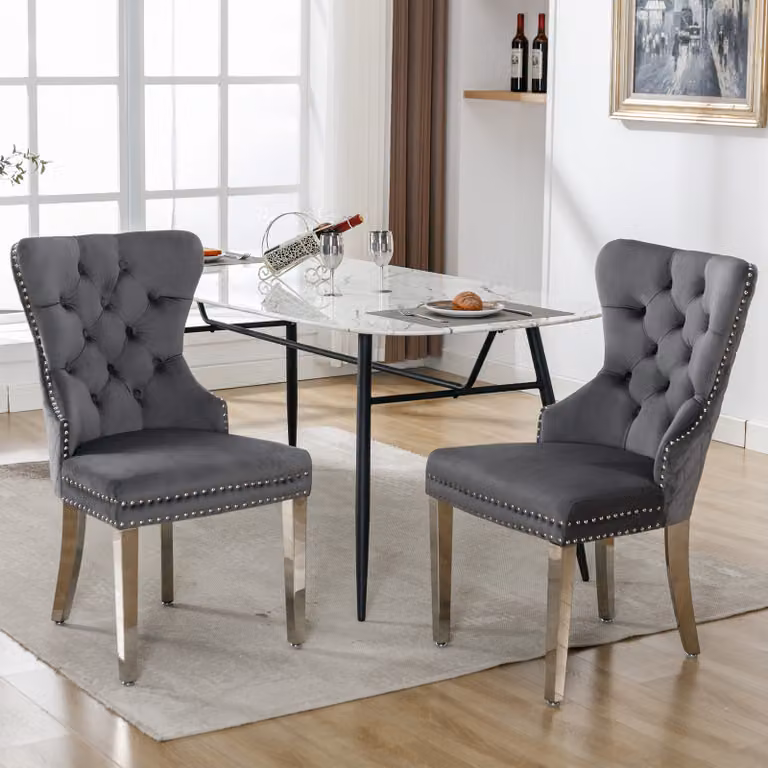 Set di 2 sedie da pranzo Flieks, sedie da cucina imbottite con gambe in acciaio inox, sedia da pranzo con rivestimento in velluto, grigio