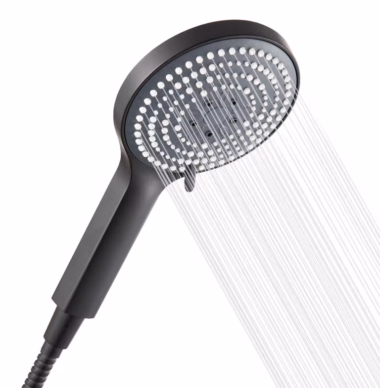 Doccia a mano, con 6 getti massaggio, soffione a risparmio idrico, con tubo flessibile da 1,6 metri, doccia a mano, grande formato (diametro 130 mm), colore nero