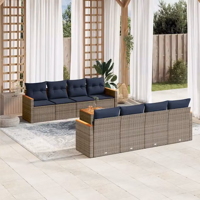 Set Divani da Giardino 9 pz con Cuscini Grigio in Polyrattan 3225823