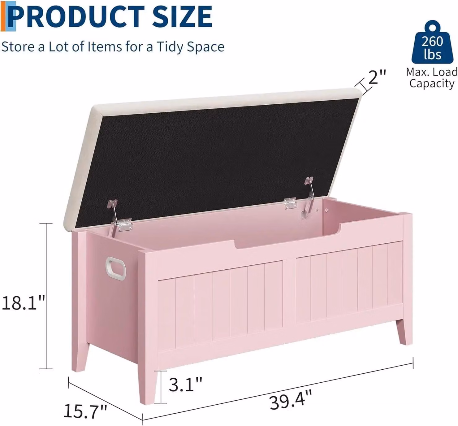 Panca con spazio contenitore e cuscino - 100 cm. Panca per l'ingresso con coperchio ribaltabile - Cerniere di sicurezza - Cassetta in legno - Seduta imbottita - Rosa