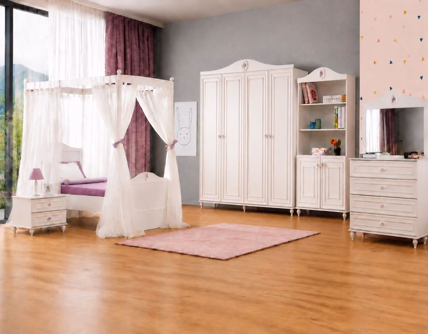 Set per camera da letto per ragazzi, composto da armadio, cassettiera e scaffale, colore bianco, design moderno
