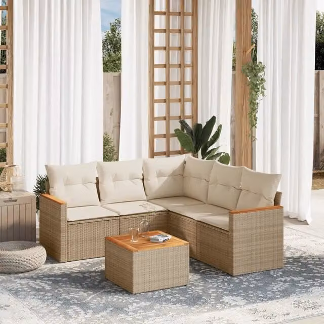 Set Divano da Giardino a L vidaXL in Polyrattan con Cuscini Beige e Tavolino, 6 Pezzi – 1