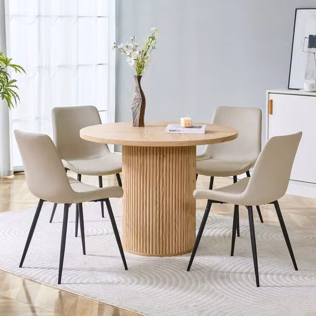Set tavolo da pranzo rotondo con 4 sedie in MDF; PU e metallo; naturale; grigio e nero