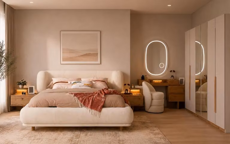 Set per camera da letto: letto, armadio, angolo trucco. Design moderno, colore beige