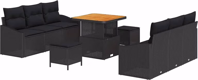 Set Divano da Giardino con cuscino 9 pcs Nero polyrattan