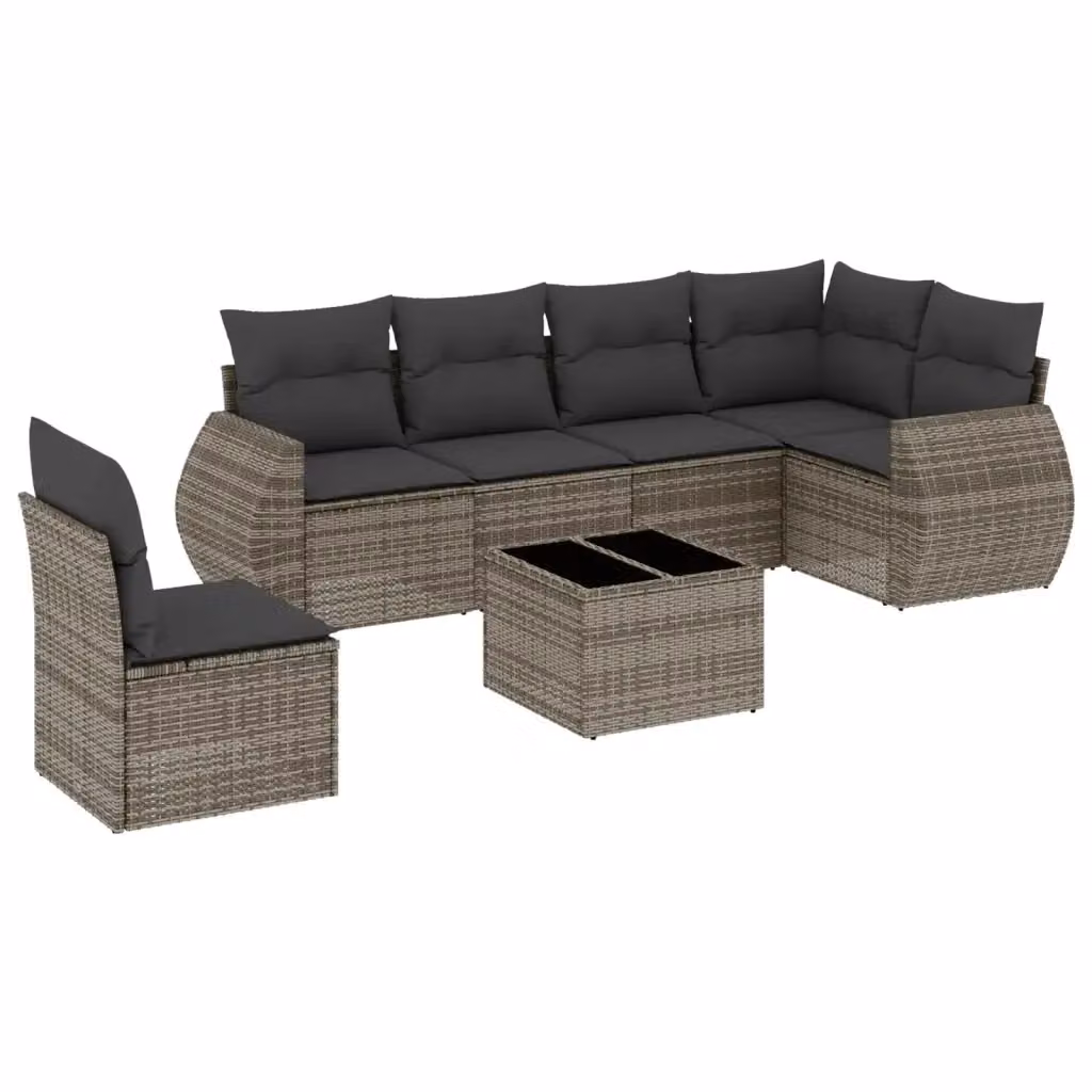 vidaXL Set Divani da Giardino 7 pz a Forma a L con Cuscini Grigio in Polyrattan e Tavolino in Vetro – 2