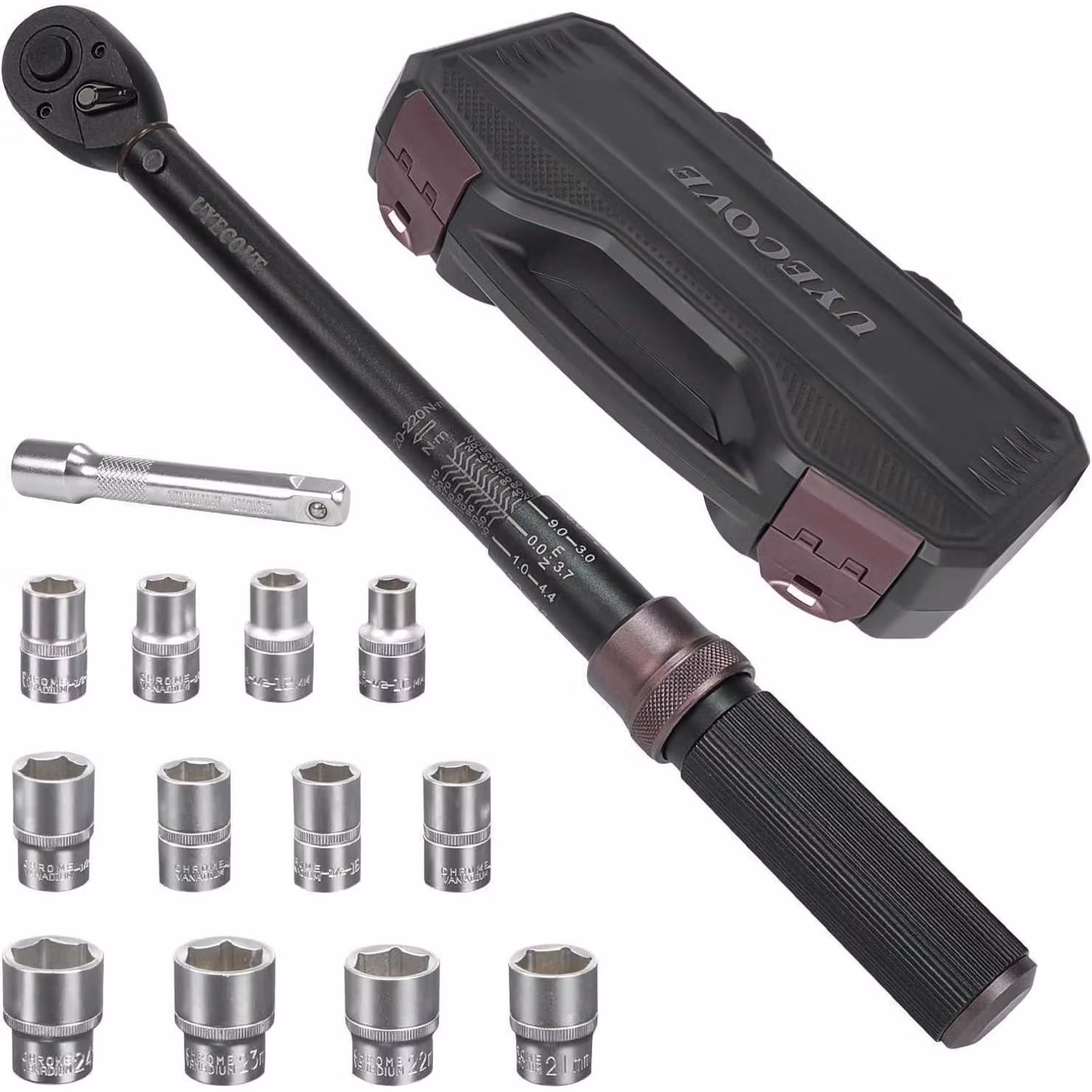 Set di chiavi dinamometriche da 1/2", 20-220 Nm, 14 pezzi, con prolunga