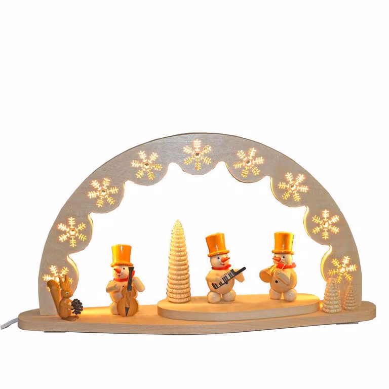 Decorazione natalizia a forma di arco, con figure di omini di neve e musicisti con strumenti, illuminazione elettrica. Dimensioni: 50x28x5 cm. NUOVO