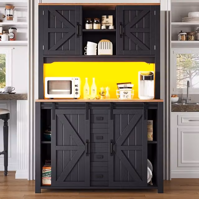 Armadio cucina alto con ante scorrevoli e illuminazione LED - Zephmum- 115x40x174,7 cm - bianco/nero