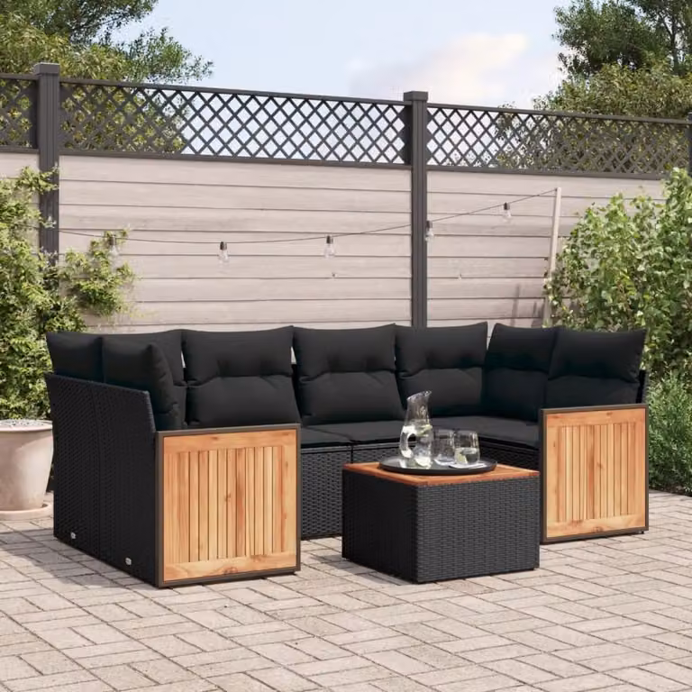 Set Divani da Giardino a L vidaXL in Polyrattan Nero con 7 Cuscini e Tavolino da Esterno