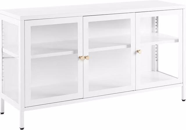 Credenza in metallo bianco 115 x 35 cm 3 ante ripiani in vetro temperato gambe soggiorno moderno