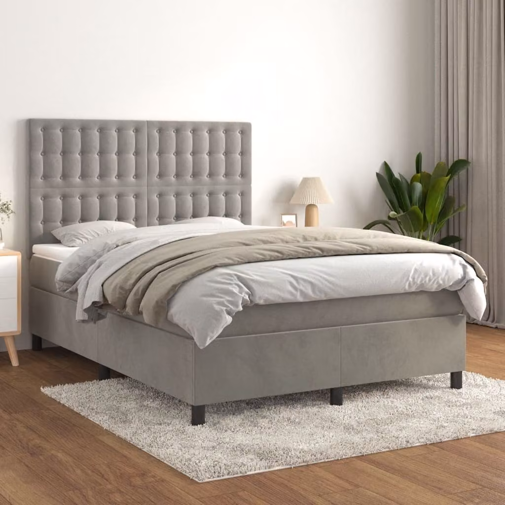vidaXL Letto boxspring con materasso grigio chiaro 140x200 cm in velluto - Letto boxspring - Boxspringbetten - Bett - Schlafzimmermöbel