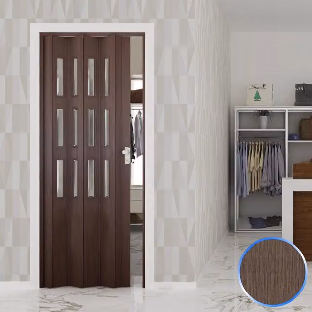 Porta a Soffietto da Interno in PVC Modello Luciana Rovere Tortora con Vetro Satinato L: 88,5 cm, H: 214 cm