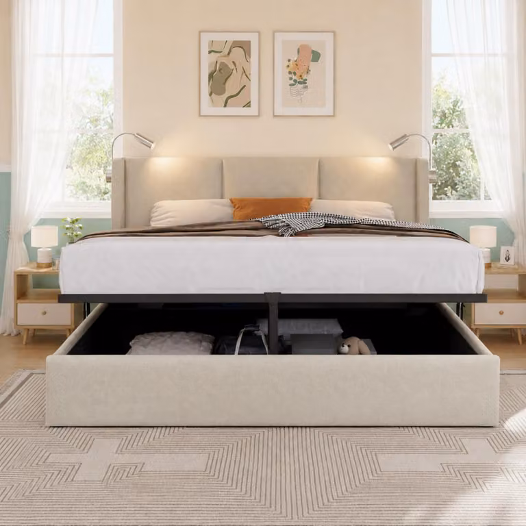 Letto imbottito INONEFT 160x200 cm con LED e USB, letto a molle con contenitore e rete a doghe, letto matrimoniale per giovani con sistema idraulico e spazio contenitivo, color beige lino