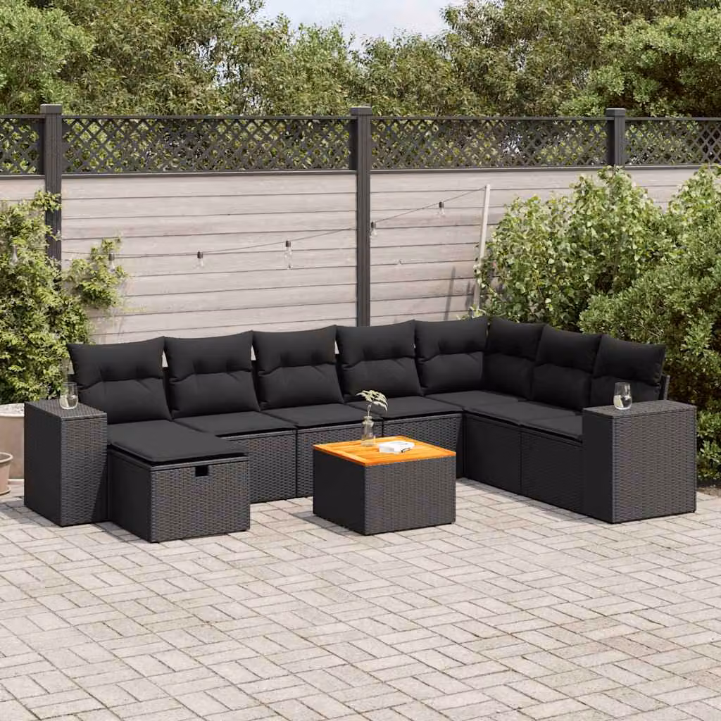 Set di divani da giardino vidaXL in polyrattan nero con cuscini, componibile a forma di U per esterno