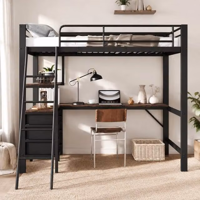 Letto a soppalco MIVRAY con scrivania e 3 cassetti in metallo e MDF, colore nero e noce scuro, L/P/H: 204 x 90 x 180 cm