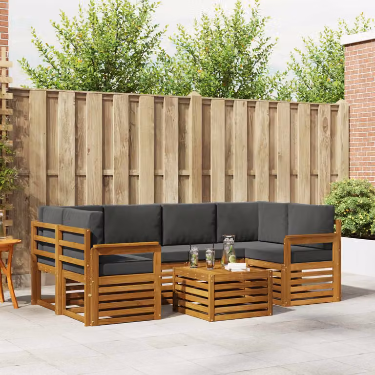 Set di divani da esterno vidaXL 7 pz in legno di acacia con tavolo da caffè, composizione a L, colori beige e antracite